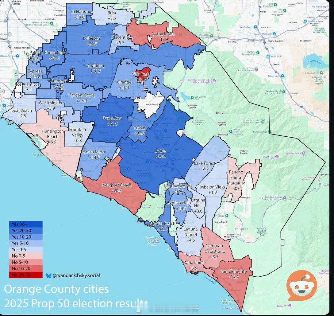 加州橙县对Prop50重画选区的投票结果。华人聚集地尔湾是最深蓝的地区。富人区