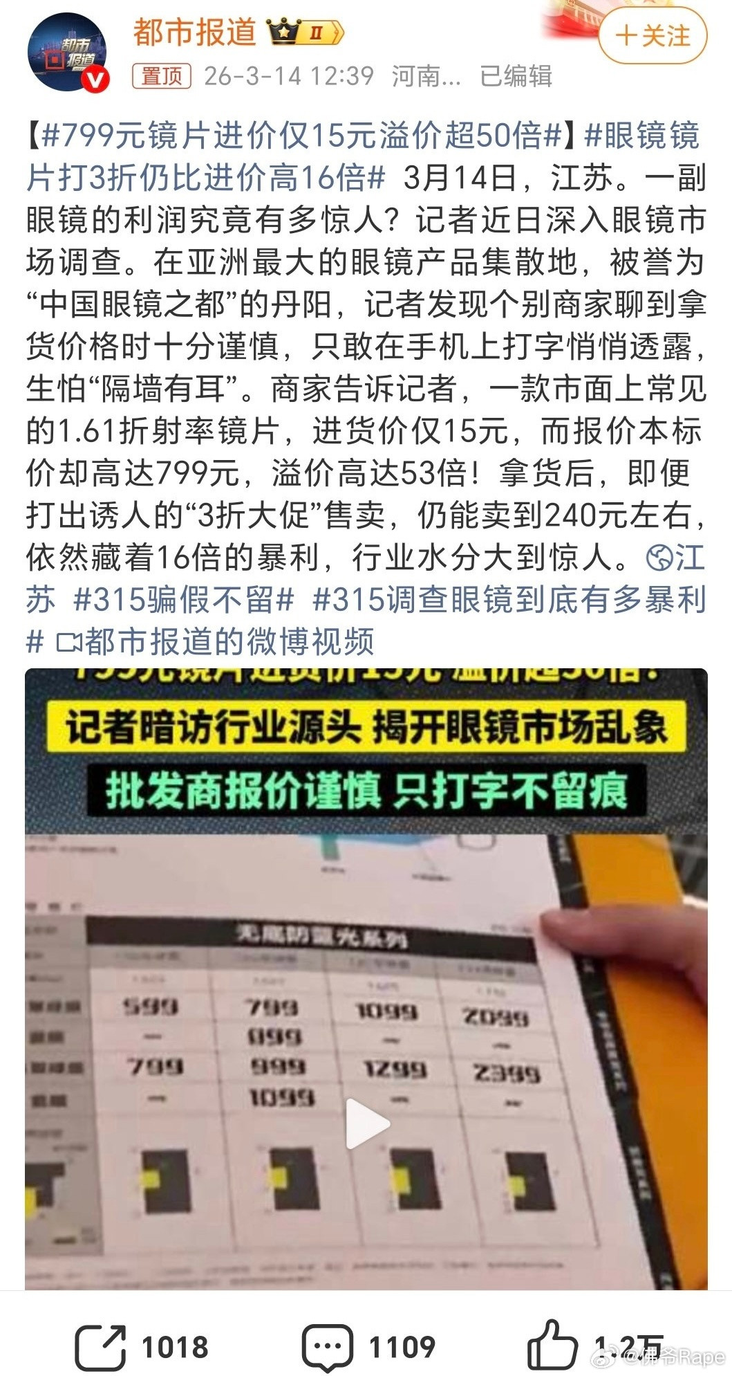 315调查眼镜到底有多暴利比黄金还暴利的行业你知道几个，想必肯定知道眼镜算一个