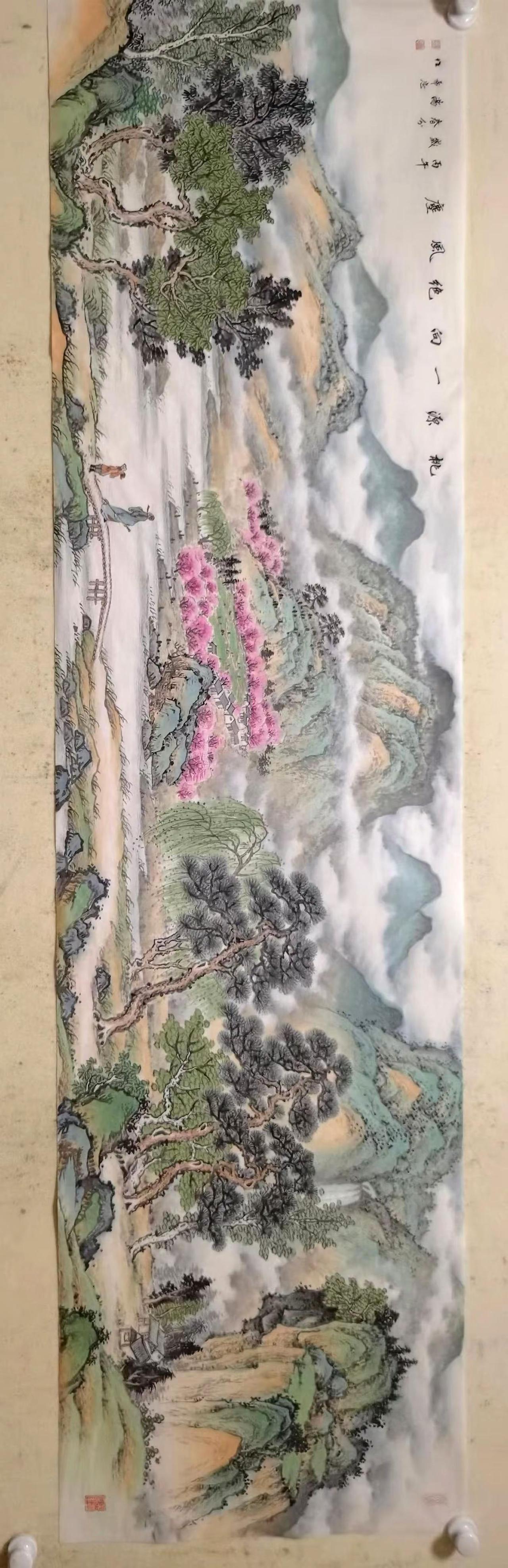 六尺对开山水。桃源人家青山绿水山水画创作者中心创作灵感感受国画的意境之美