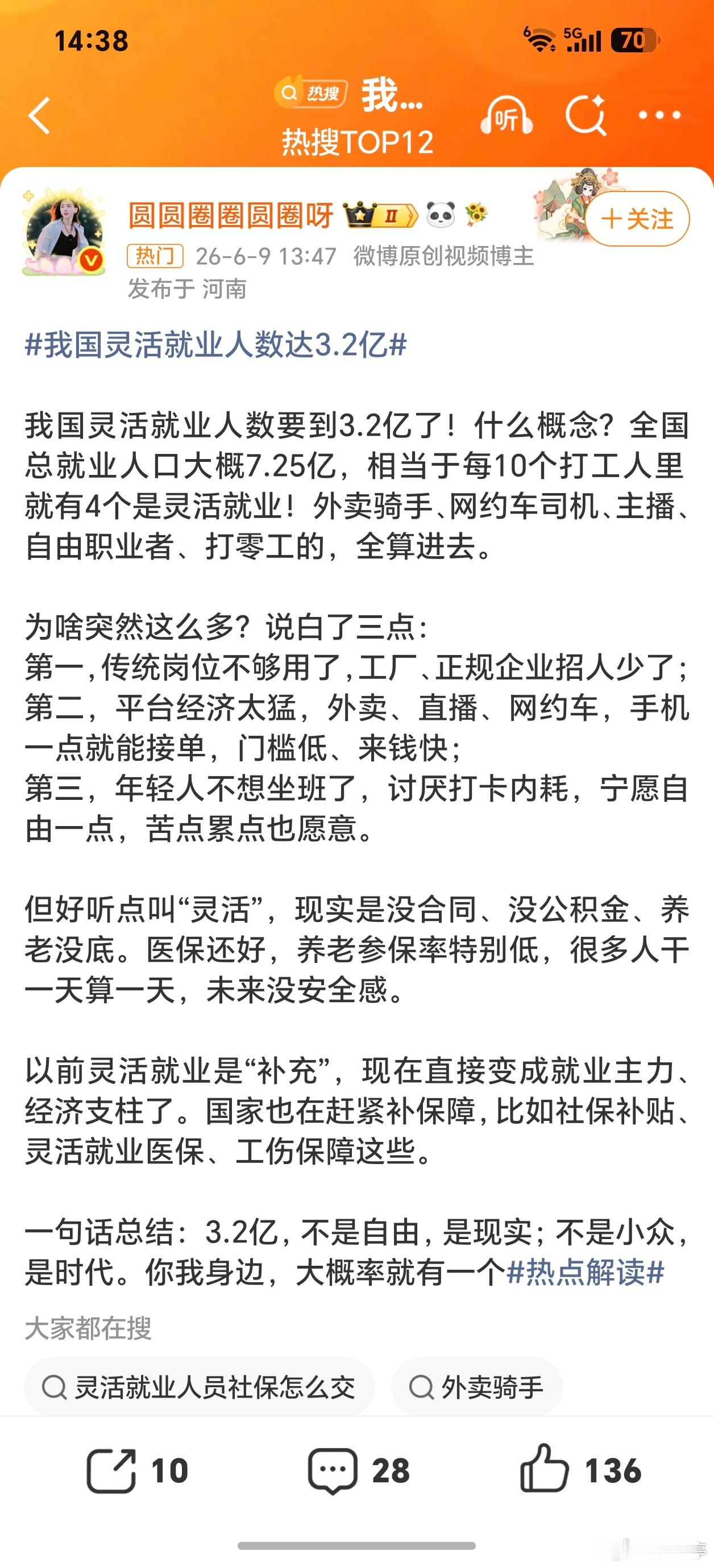 我国灵活就业人数达3.2亿灵活就业3.2亿这比例太高了！主要贡献领域包括外卖、直