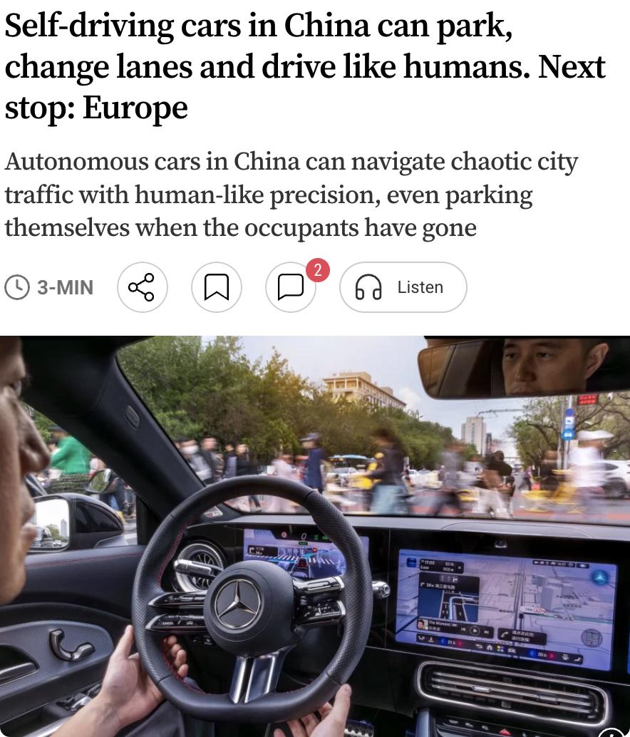 外媒：中国自动驾驶汽车已能如人类般完成泊车、变道等操作，正瞄准欧洲市场。北京
