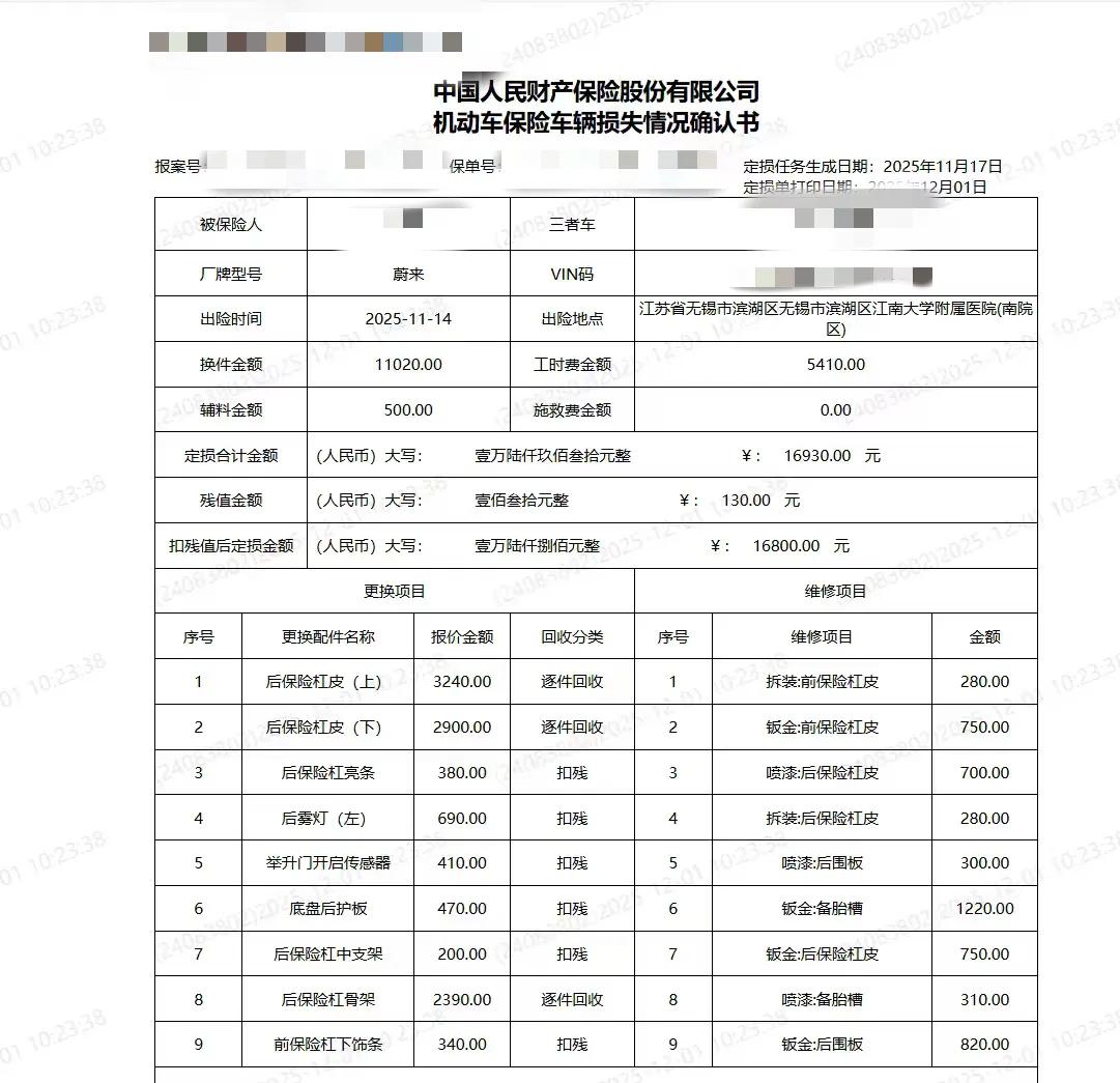 没有买车损险，真的是后悔啊，11月14号与别人追尾，判定我的全责，追尾了一辆蔚来