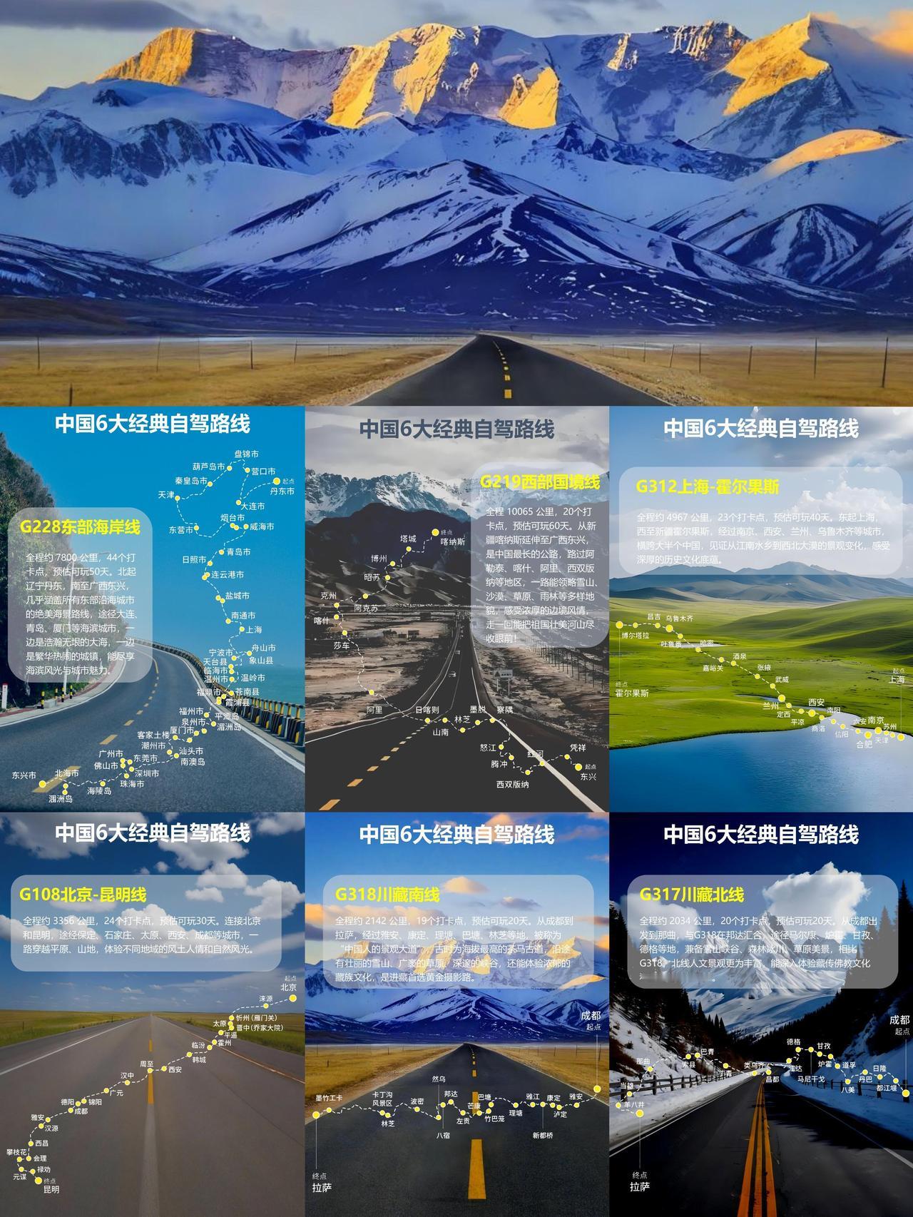 中国6大经典自驾路线自驾游的迷人之处在于：能自由掌控节奏，随心停靠...