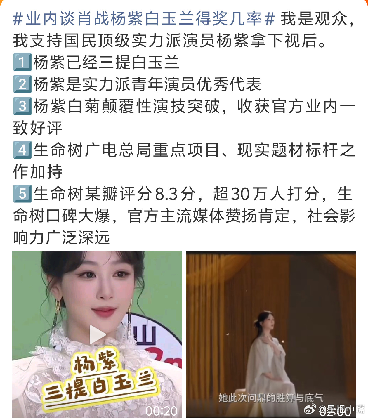 业内谈肖战杨紫白玉兰得奖几率说实话杨紫凭借《生命树》获得最佳女主角的概率还是很大