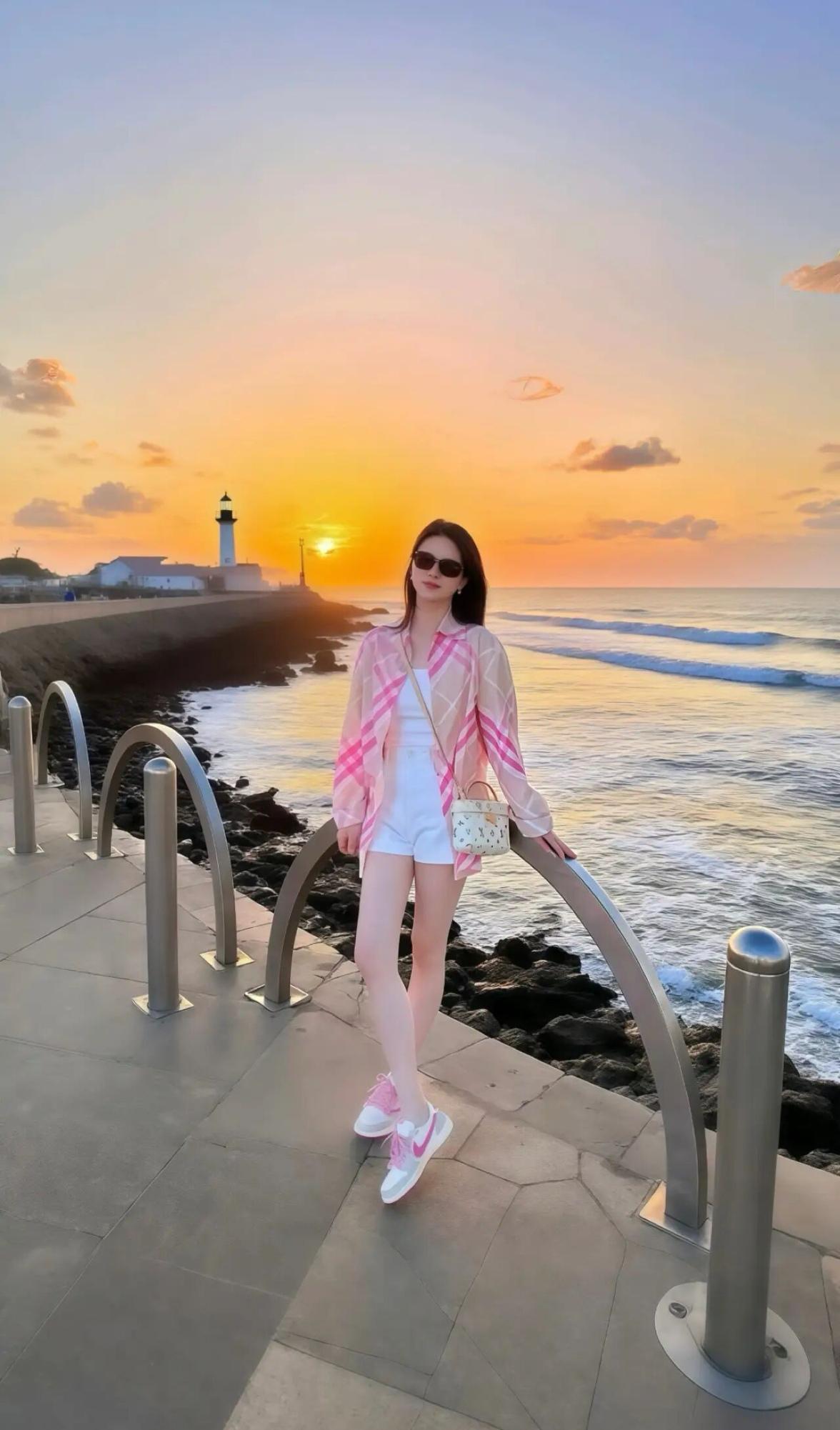 海边日落漫步，粉粉穿搭与夕阳相映成趣🌅👗👟