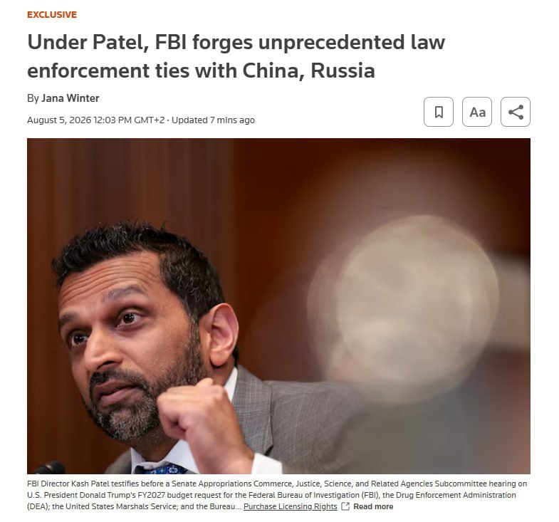 美国联邦调查局（FBI）局长卡什·帕特尔向媒体透露，该机构已与中国和俄罗斯建立了