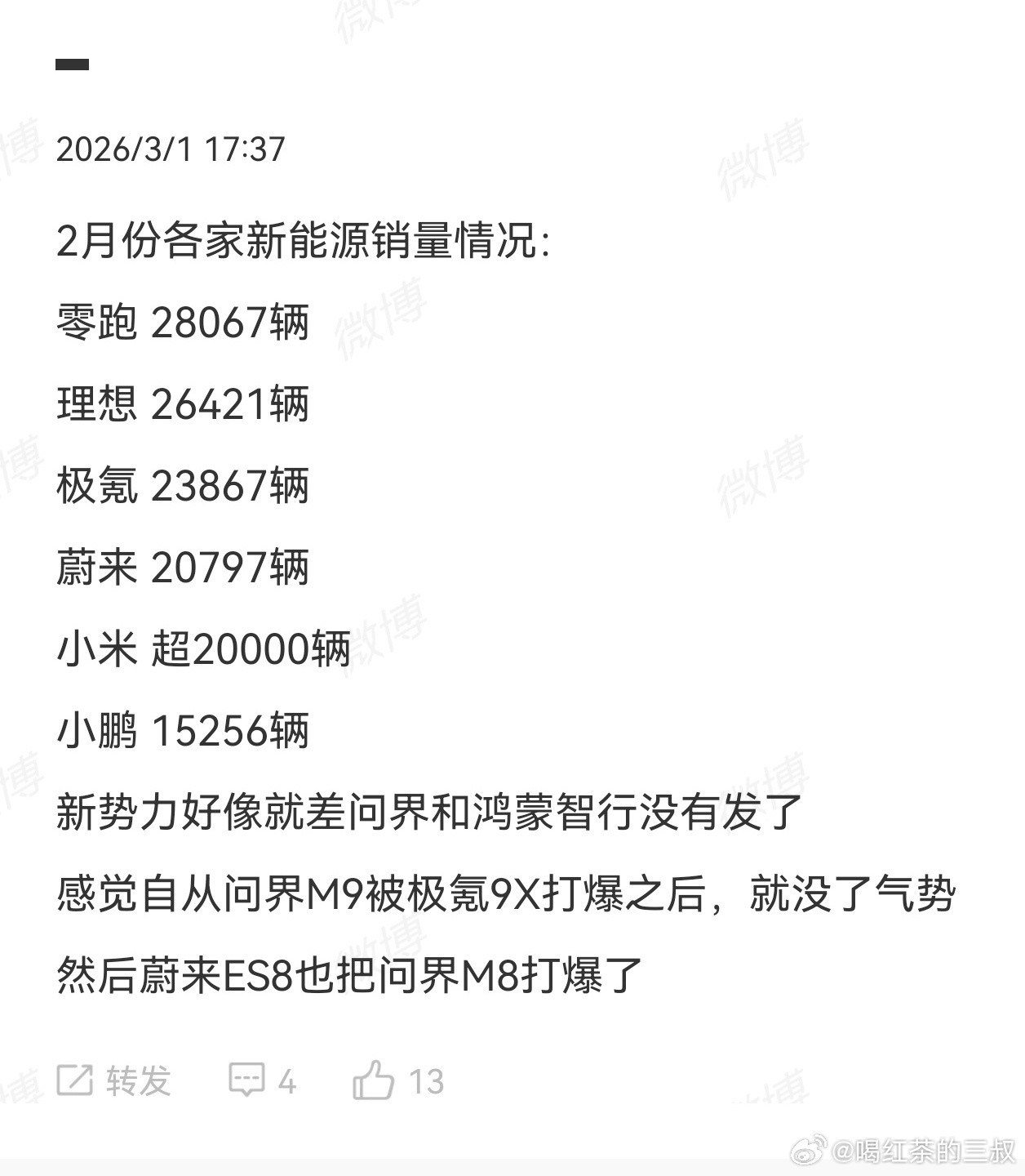 多家车企公布2月交付量瞎说几句：1：购置税恢复减半征收，还有其他各种原因，车市整