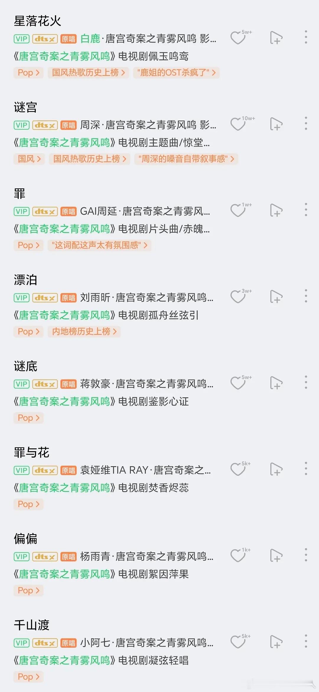 《唐宫》OST请专业歌手也就这数据，请白鹿唱就是花小钱办大事。