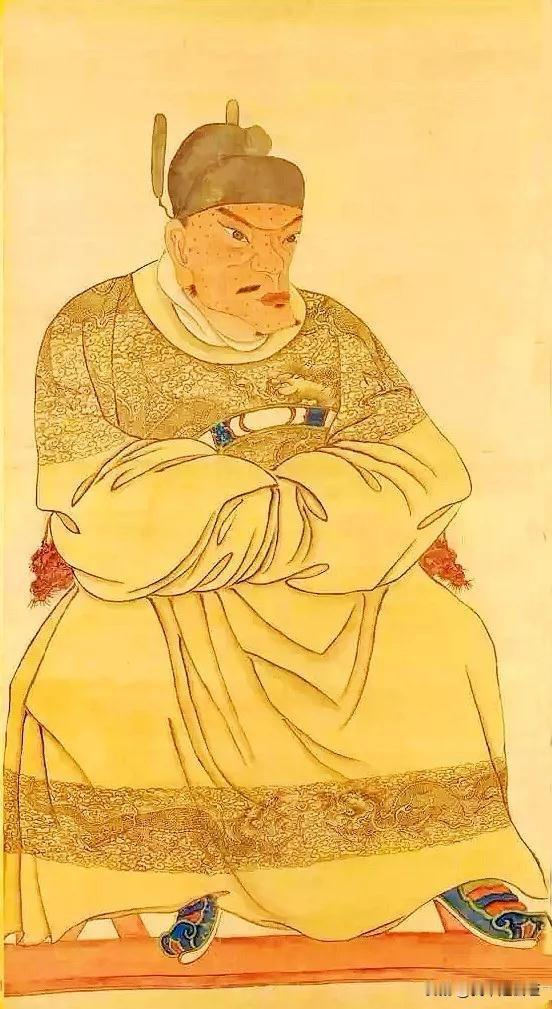 据传，这是清朝乾隆画的明朝开国皇帝太祖朱元璋的肖像画。对于最早出现在课本上的