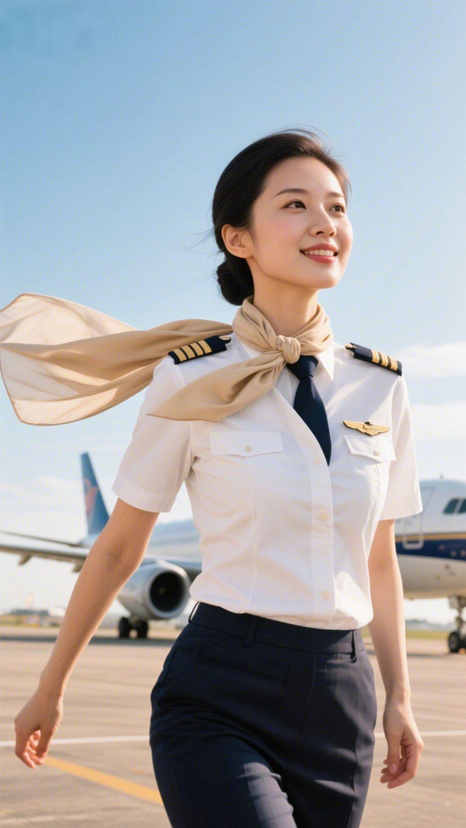 云端守初心晴空澄澈如洗，停机坪的风拂过利落的工装，浅米色丝巾轻扬，衬出沉稳