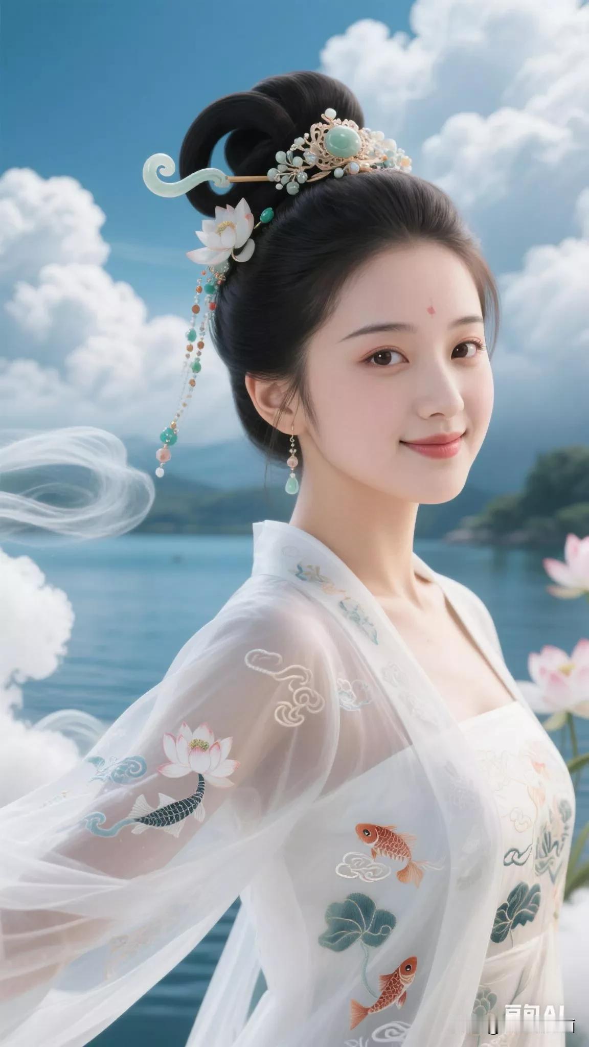 云鬓花簪映碧波，仙姿玉立水中央。张立启原创书画AI作品首发古侍女发髻集锦第231