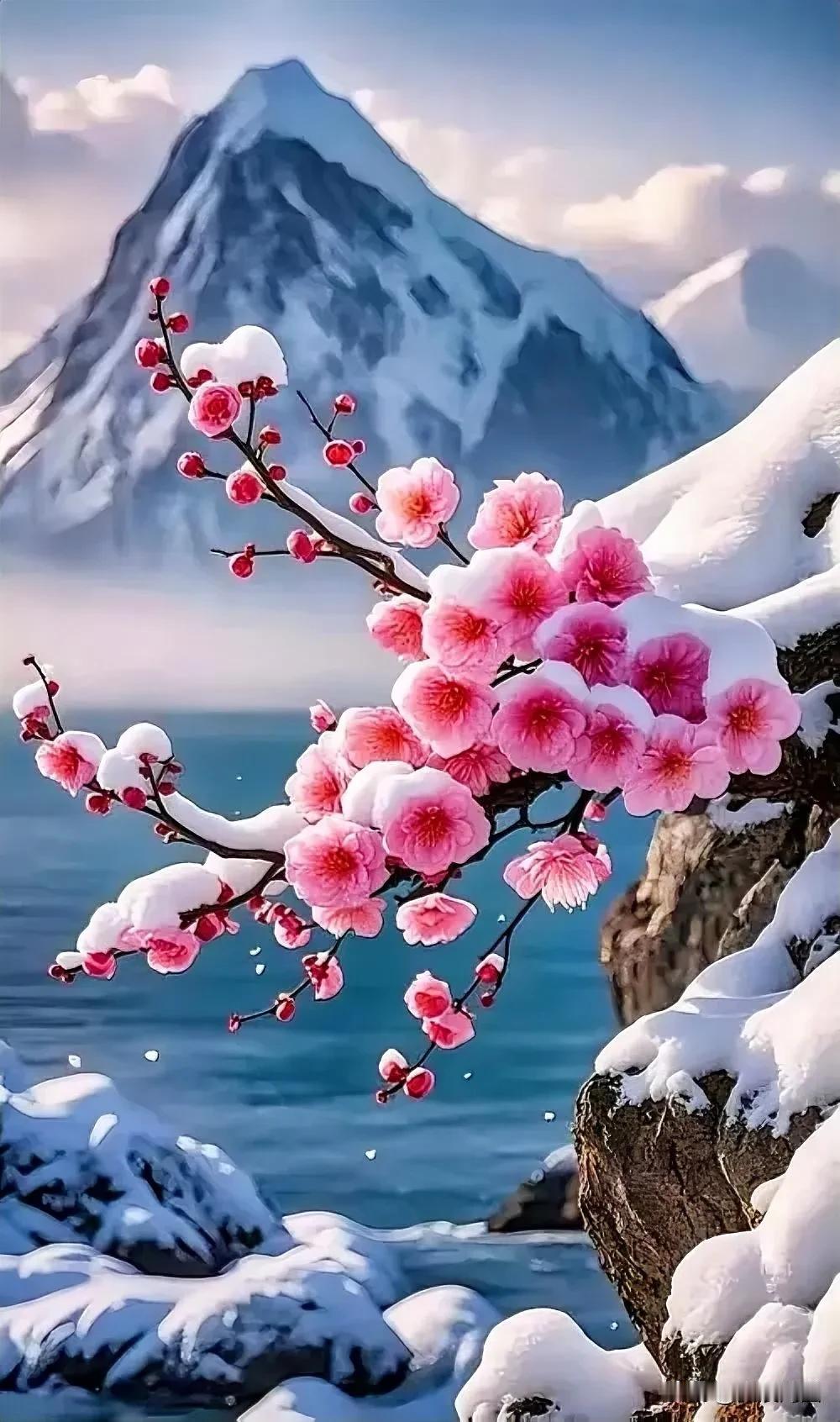 粉嫩樱花与雪山相映成趣，冬日里的浪漫之约。