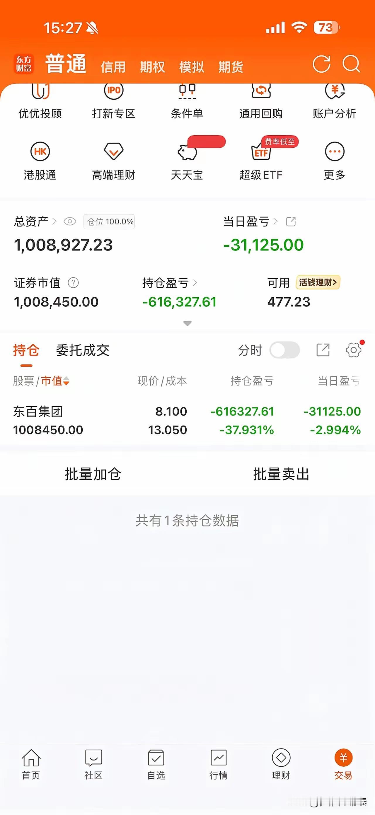 主力最喜欢的接盘侠，就是我朋友这种散户晒下朋友满仓东百集团的账户，总资产一