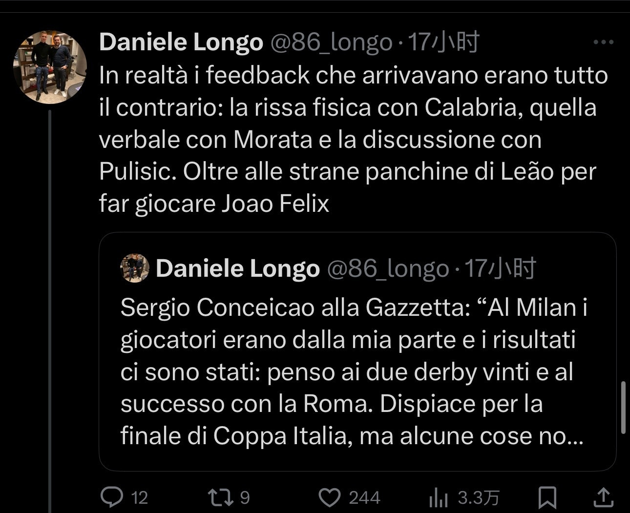 【隆戈反驳孔塞桑】实际上，当时收到的反馈完全相反：（孔塞桑）与卡拉布里亚的肢体冲