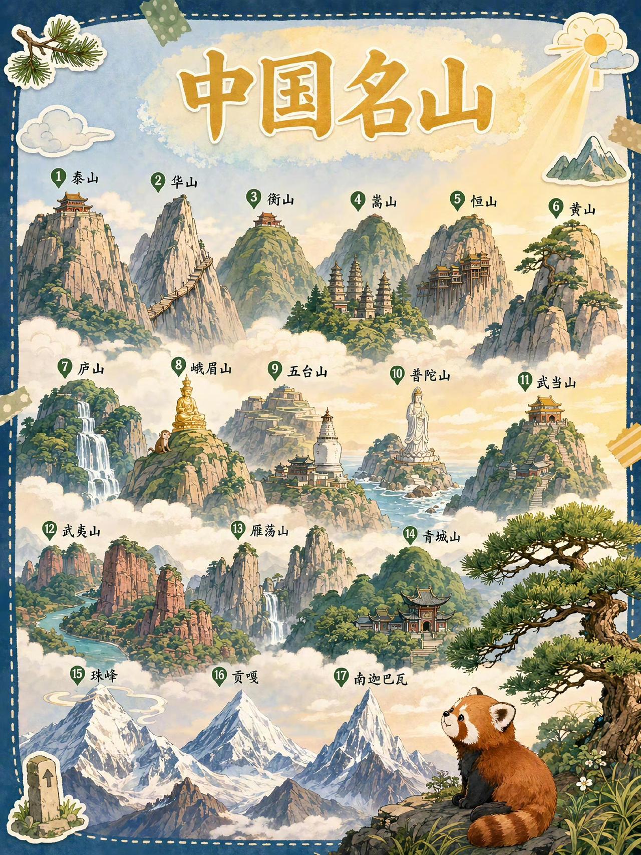 收藏！17座中国名山知识卡，涨见识✨祖国山河辽阔，名山大川各有风骨。五岳