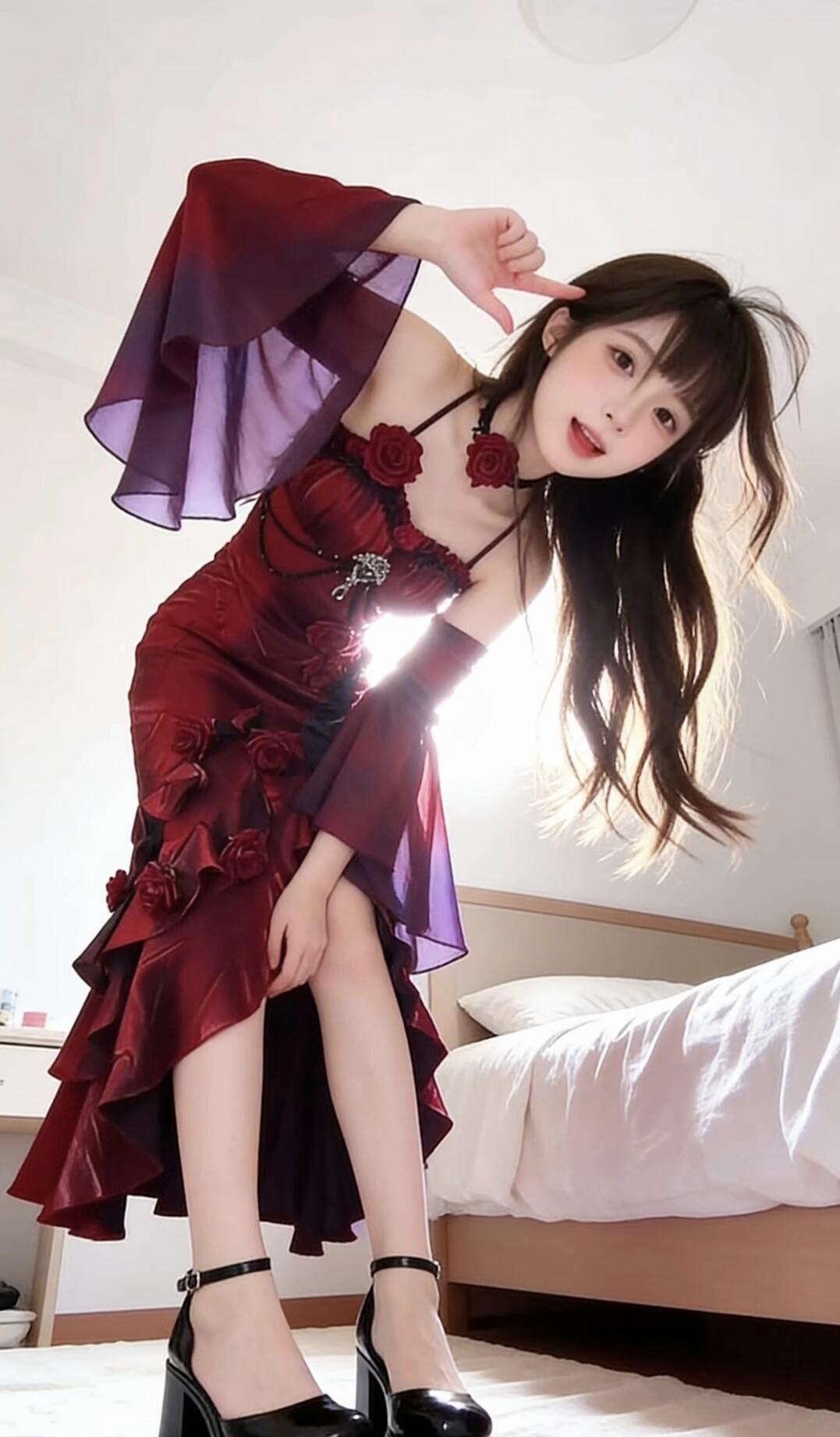 红衣美人倚，花影入梦来。粉裙花影