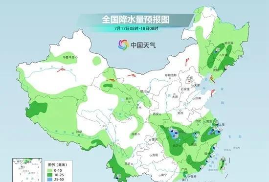17日白天，东北一带仍会有雷雨天气出现，江南、华南等地多分散性降水。中央气象台预