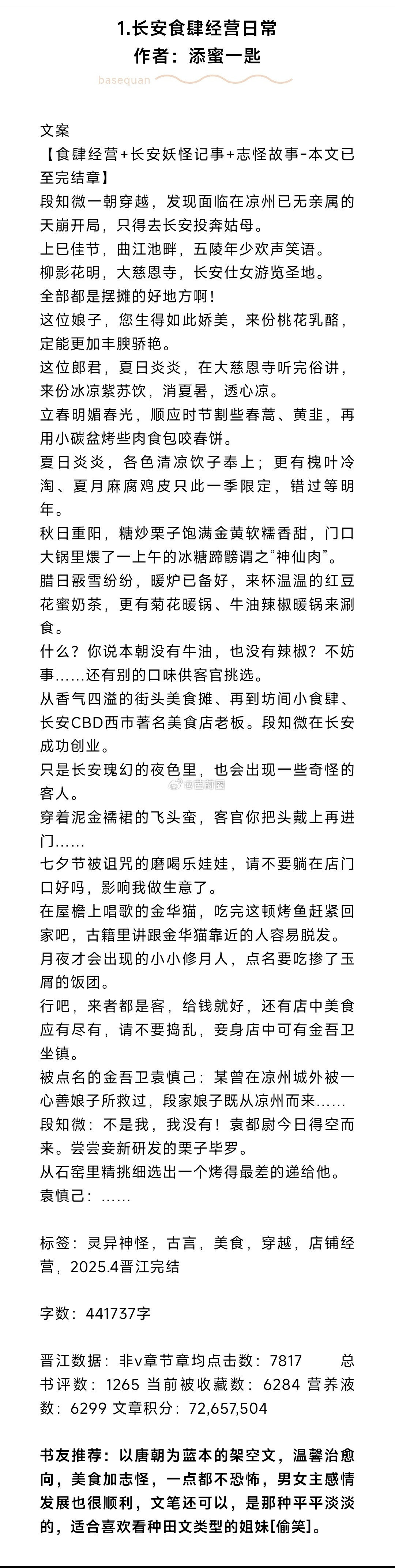 芭莳圈推文近期淘到的完结文来啦1.长安食肆经营日常作者：添蜜一匙（书