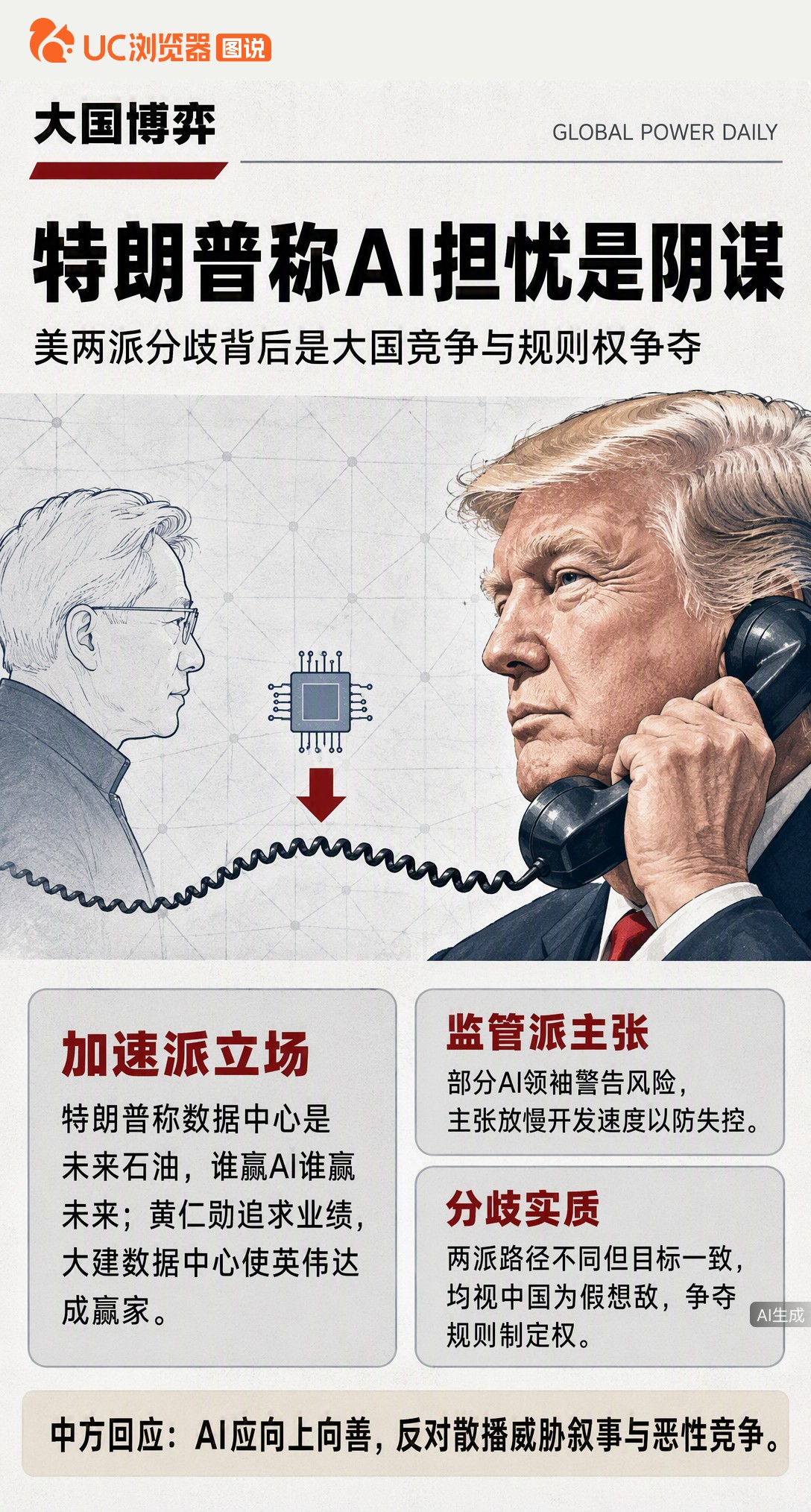 特朗普一个电话打到黄仁勋峰会现场，直言AI风险论是骗局，称数据中心才是未来石油。一边要赢竞赛，一边怕