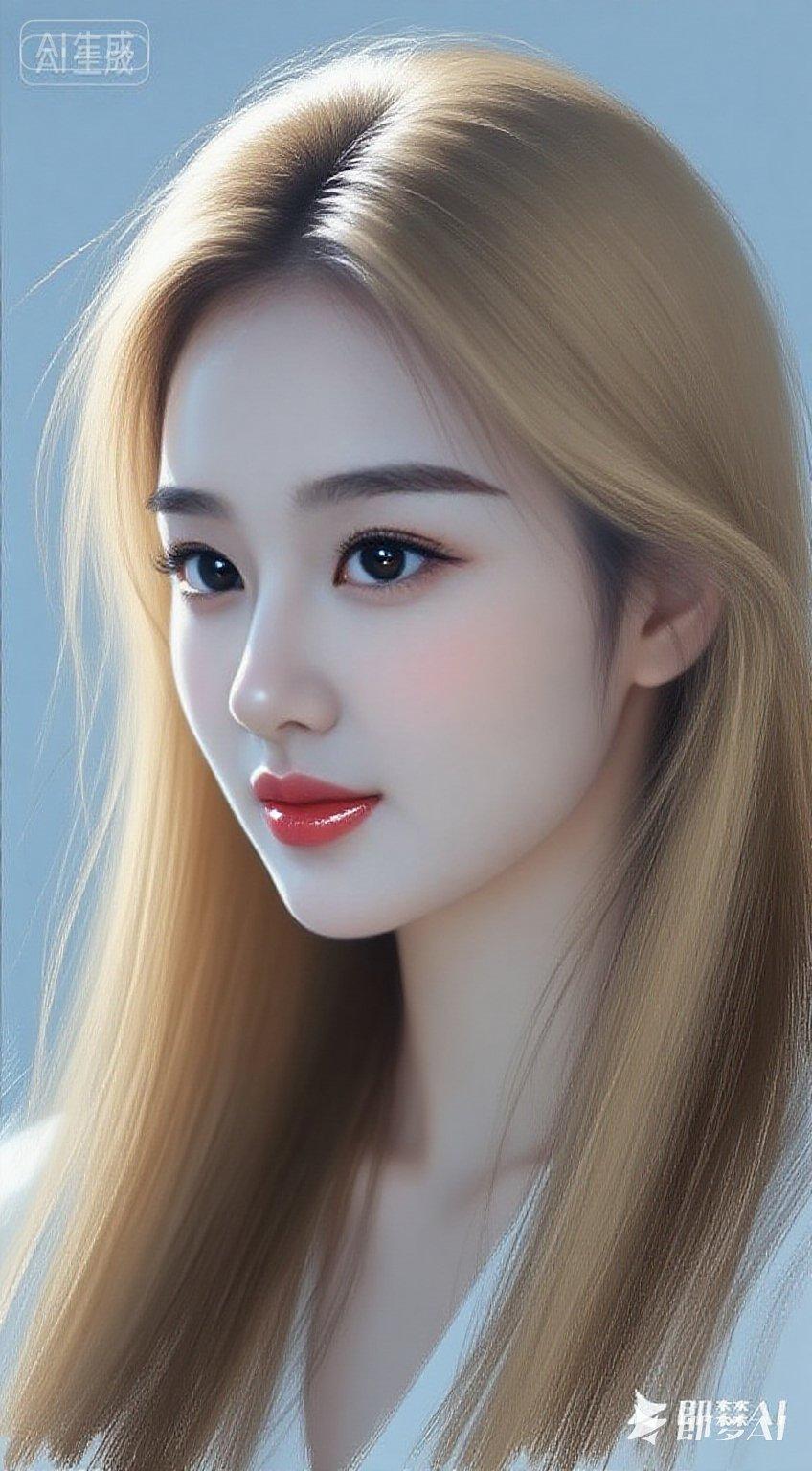 绝美东方女性，金棕色垂坠柔顺微卷长发，蓬松自然，冷白皮，极致的妆容，水润滑嫩，油