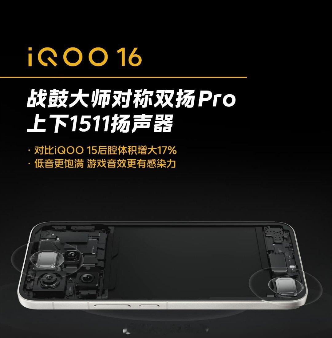 #iQOO16#配备战鼓大师对称双扬Pro上下都采用了1511扬声器对比iQOO15后腔体积增大了1