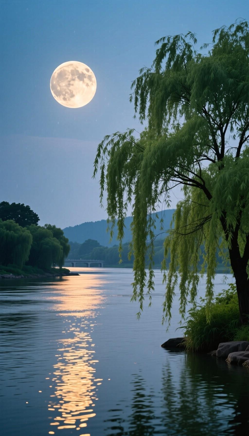 下联:月映江光柳色新云卷云舒竹影长雨润桃花春意浓星挂夜空松韵悠涛拍沙岸