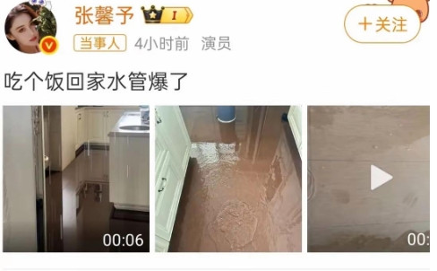5月11日，张馨予突然发文说自己出去吃个饭的功夫，家里的水管就爆了，爆的还是大的