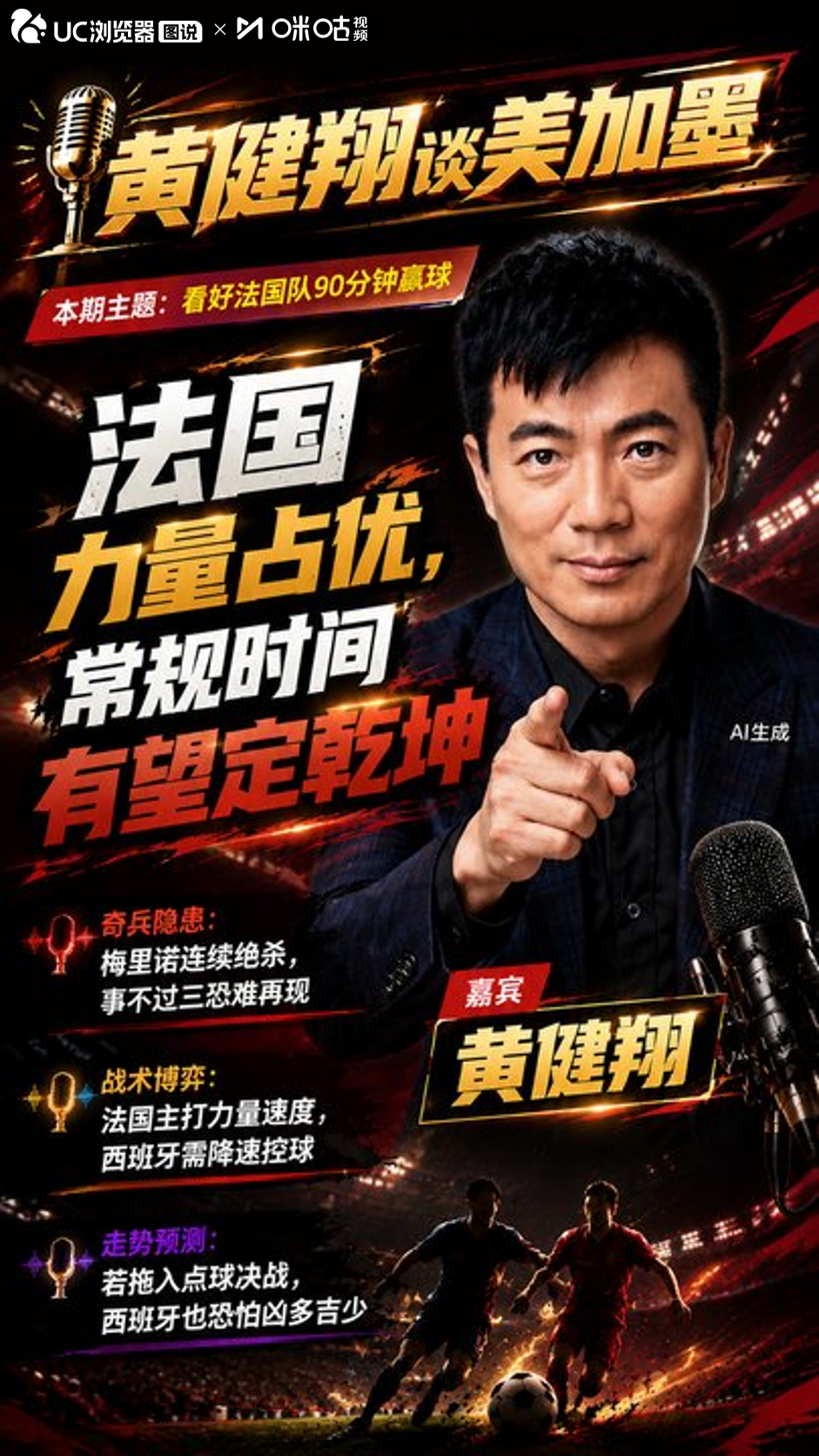 黄健翔看好法国队90分钟赢球