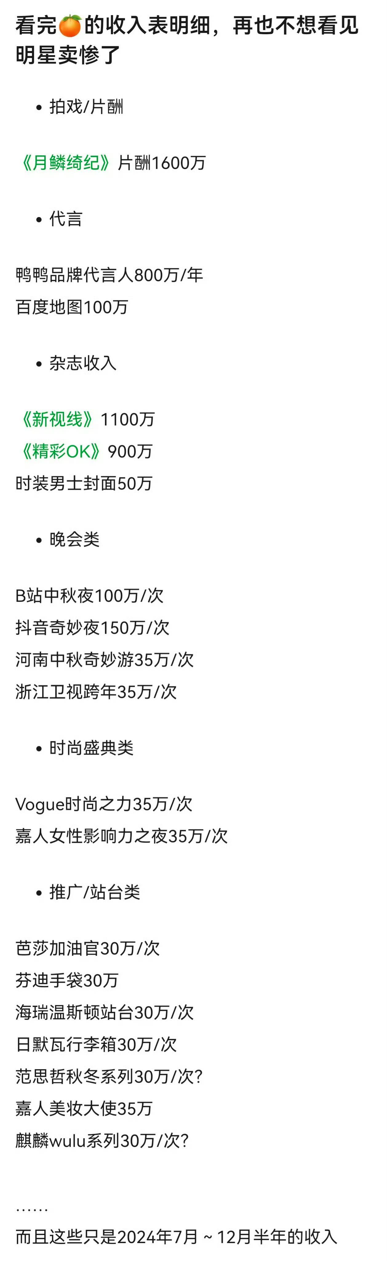 疑似鞠婧祎收入明细。太震惊了😲。片酬、代言、晚会啥的半年就近5000万！
