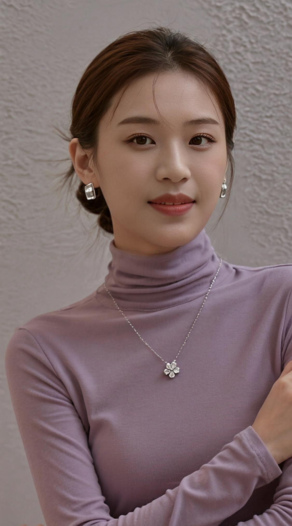 这高领毛衣穿得，脖子都快成“绝缘体”了，连寒风都吹不进去。项链上的小花倒是抢镜，