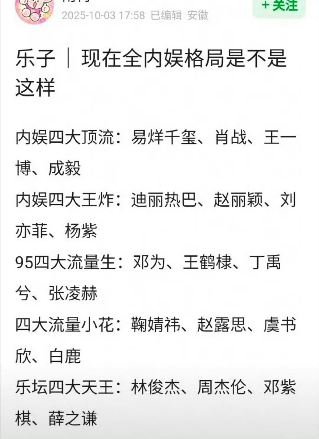 网友做的全内娱明星格局，你们怎么看？​​​