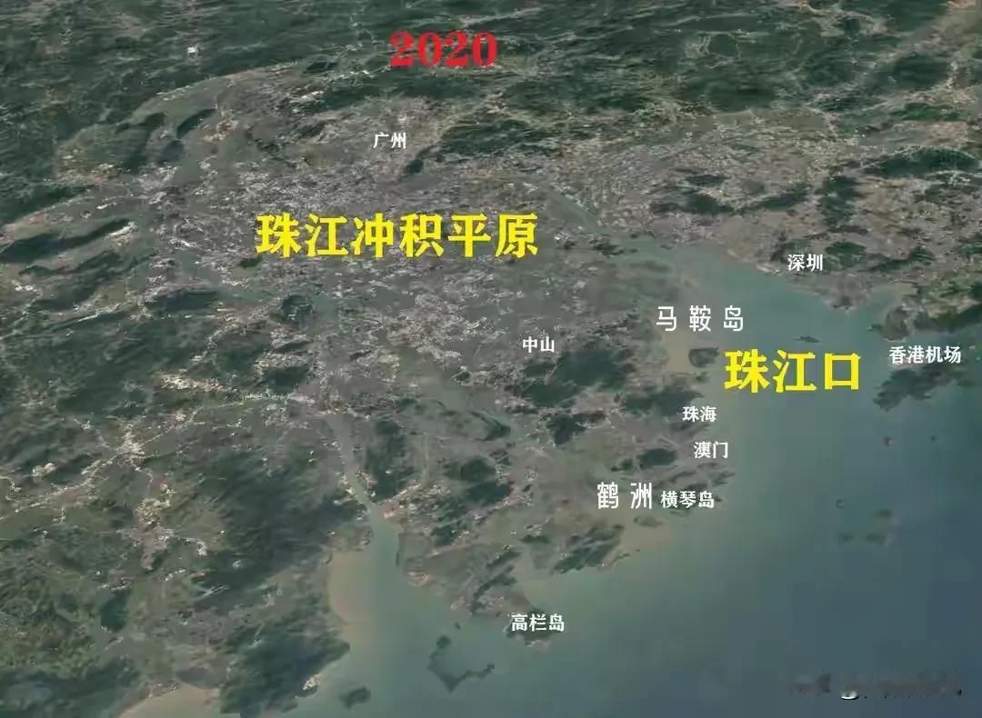 【中国广东:“中山出海港口工程”】:①研看“中山”地理板块，被珠海裹挟在珠江口