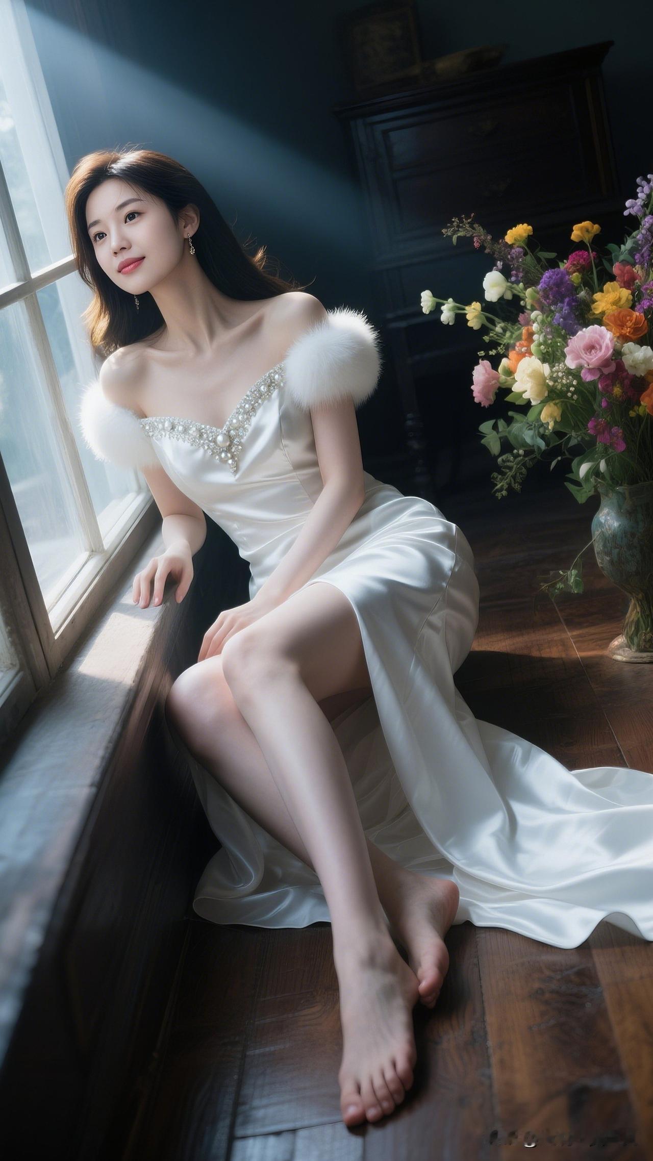 窗前美人倚，花影入梦来。发出你相册里你觉得最美的一张照片梦幻白裙少女，倚窗轻嗅