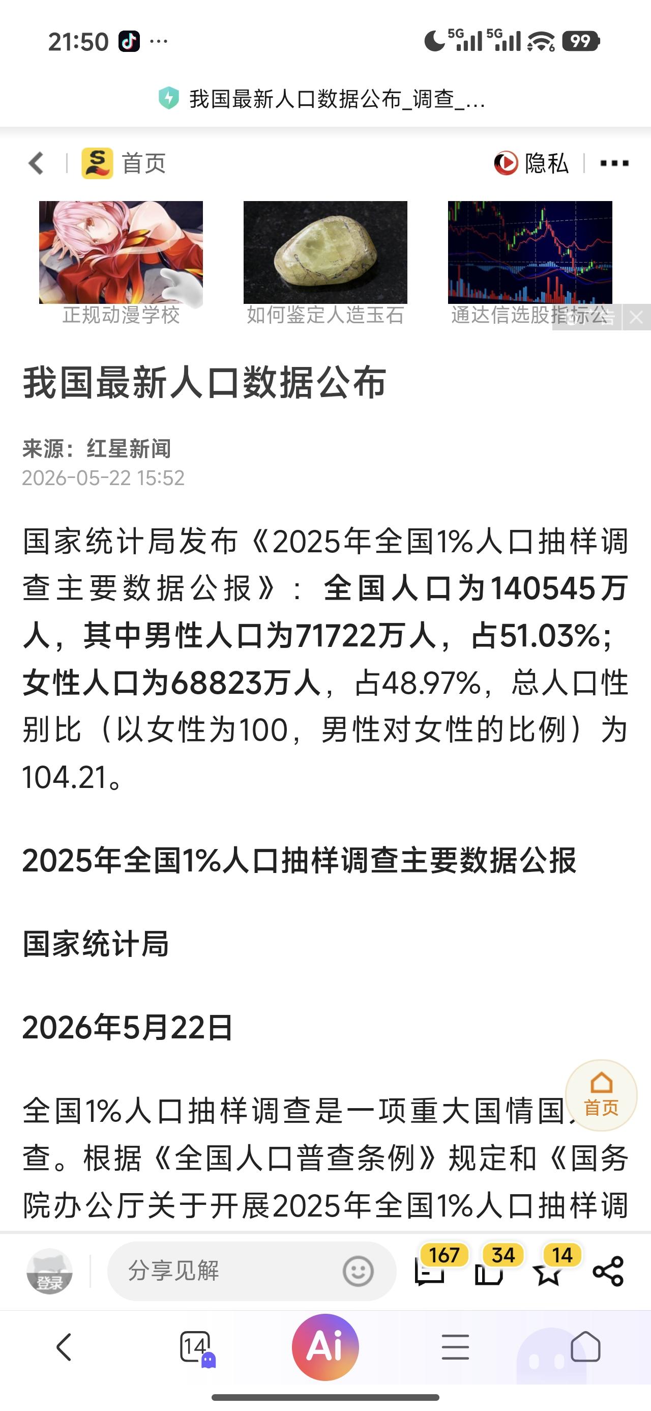 最新的全国人口数据出炉了，总人口只有14.05亿，整体看，男性比女性没有多到30