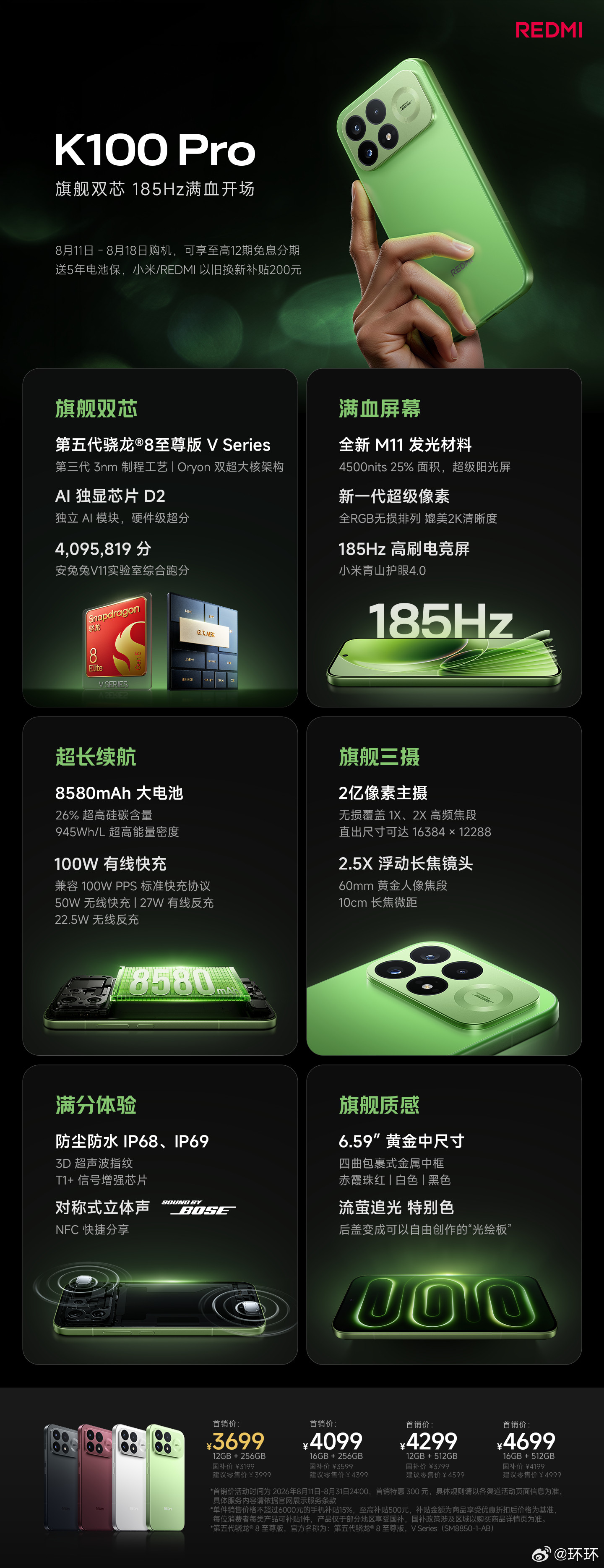 两张图看懂今晚的RedmiK100Pro系列，K100Pro起售价369