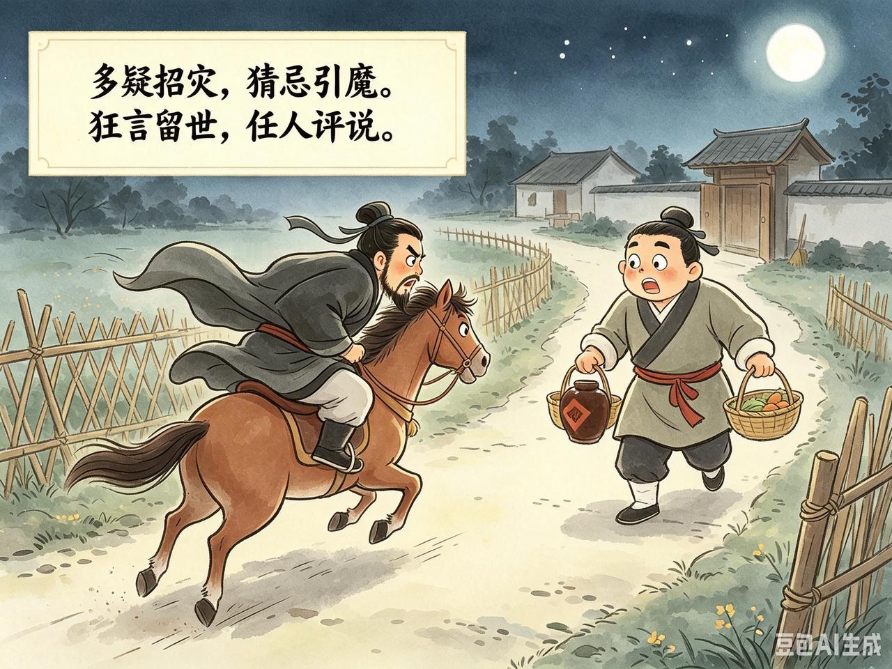 小故事多疑酿大错前说曹操，欲刺董卓，没有刺成，害怕被捉，骑马逃窜，