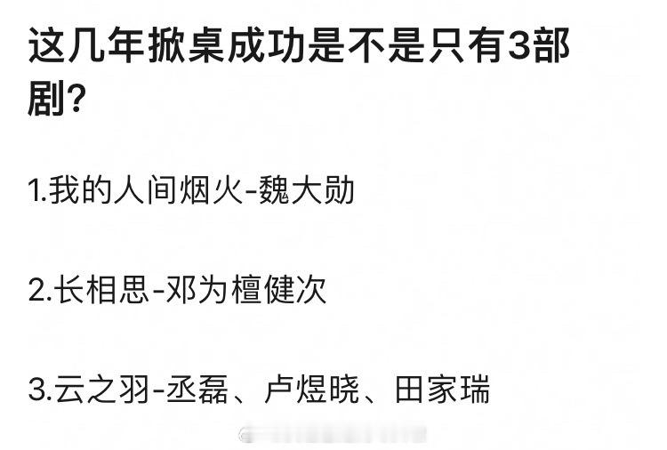 提问：这几年配角掀桌成功是不是只有3部剧？1.我的人间烟火-魏大勋，孟宴臣爆火，