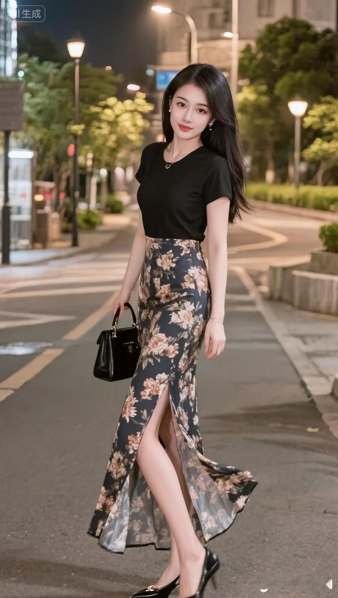 都市夜景碎花裙穿搭颜值他拍氛围感拍照优雅气质