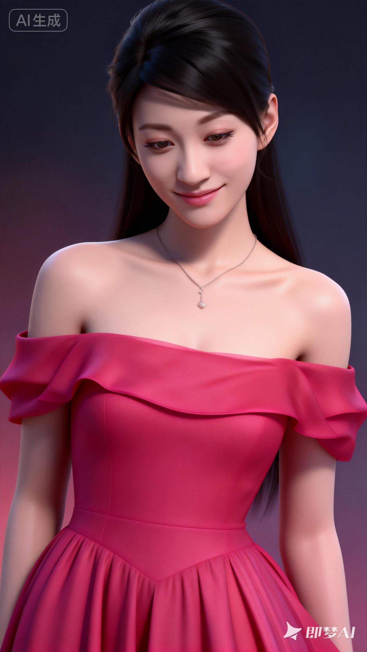 甜美少女，粉色礼服，优雅动人。