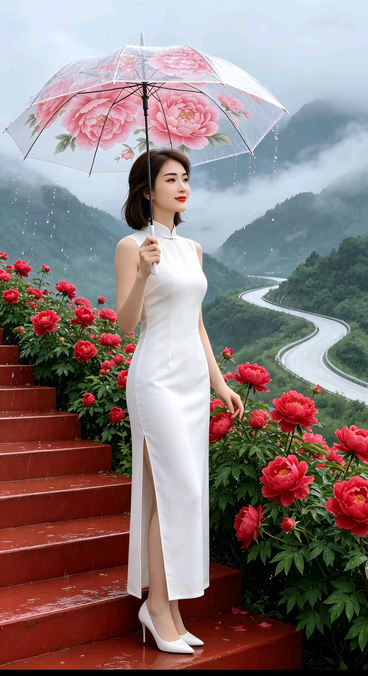 躲进山间的一场温柔细雨，漫山红牡丹簇拥着红阶。干净的白旗袍搭配油纸伞，云雾层叠的