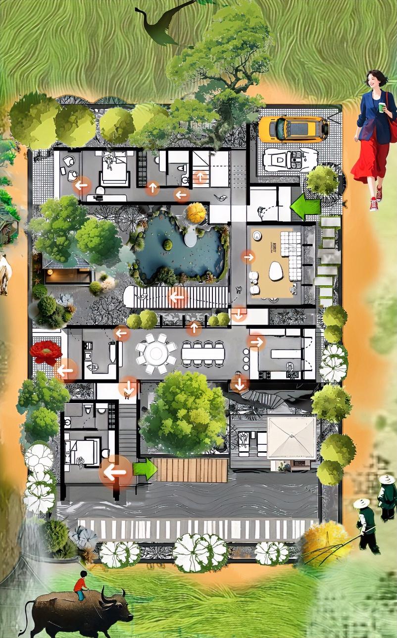 细糠里自建房，合院高光时刻，布局做到，屋前有景，房后有色，用三进式手法，让368