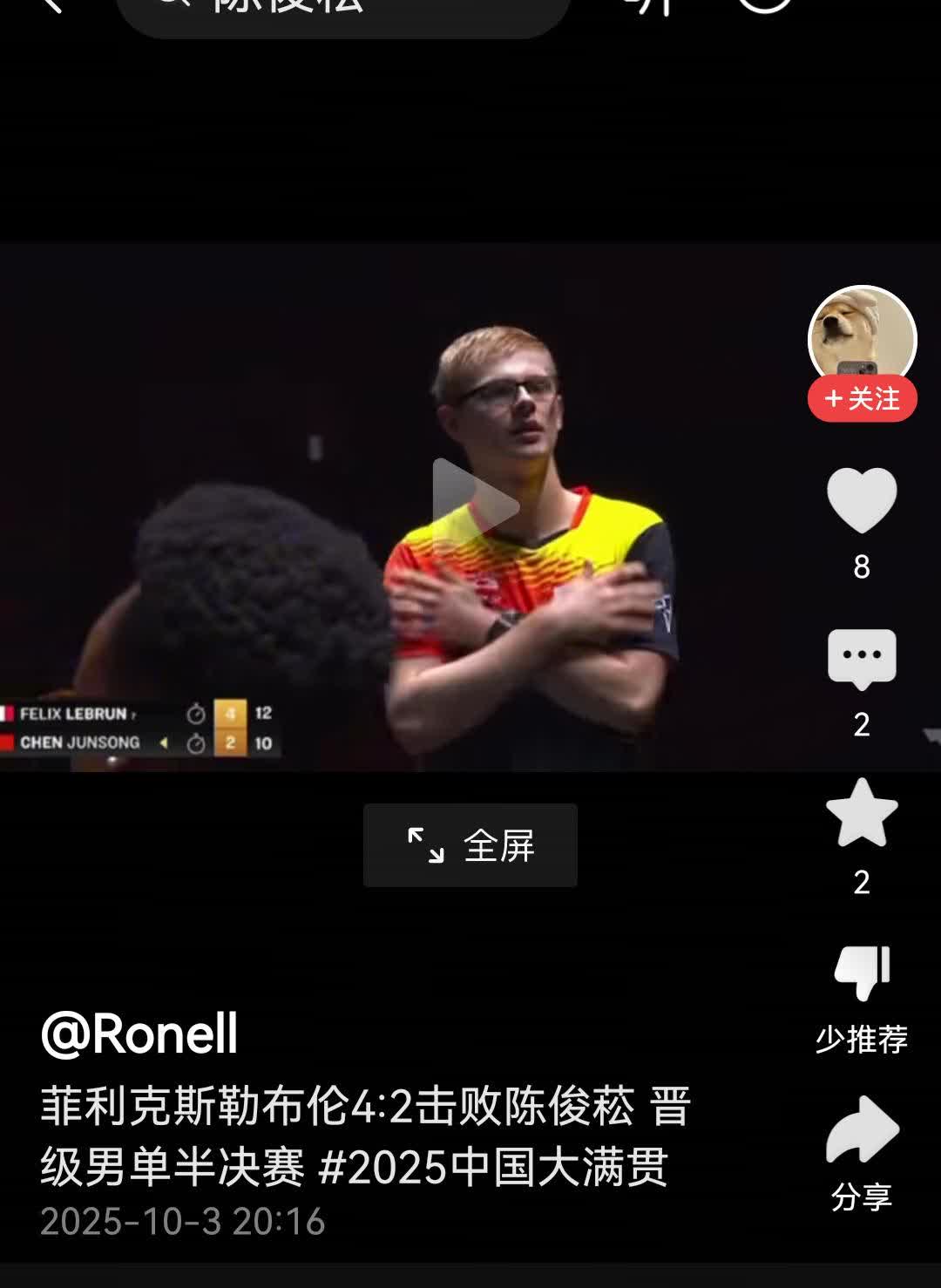 菲利克斯勒布伦4：2陈俊菘，庆祝动作致敬樊振东樊振东虽然没有参加中国大满