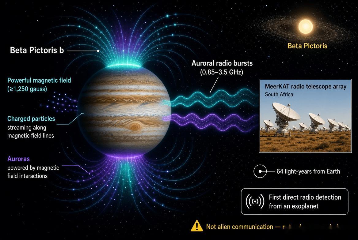 天文学家首次捕捉到直接来自系外行星的无线电信号，而不是其恒星。信号源是βPi