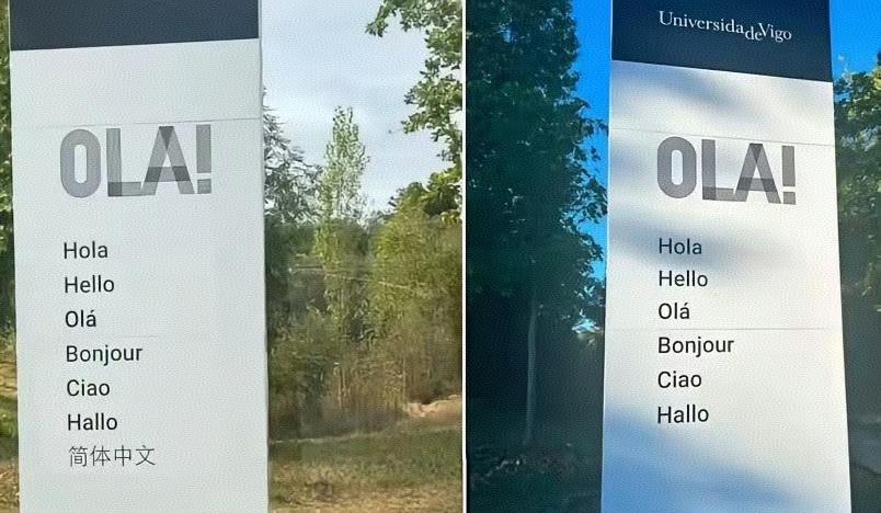西班牙维戈大学最初在欢迎牌上将中文“你好”误标为“简体中文”四个字，在外网上引发