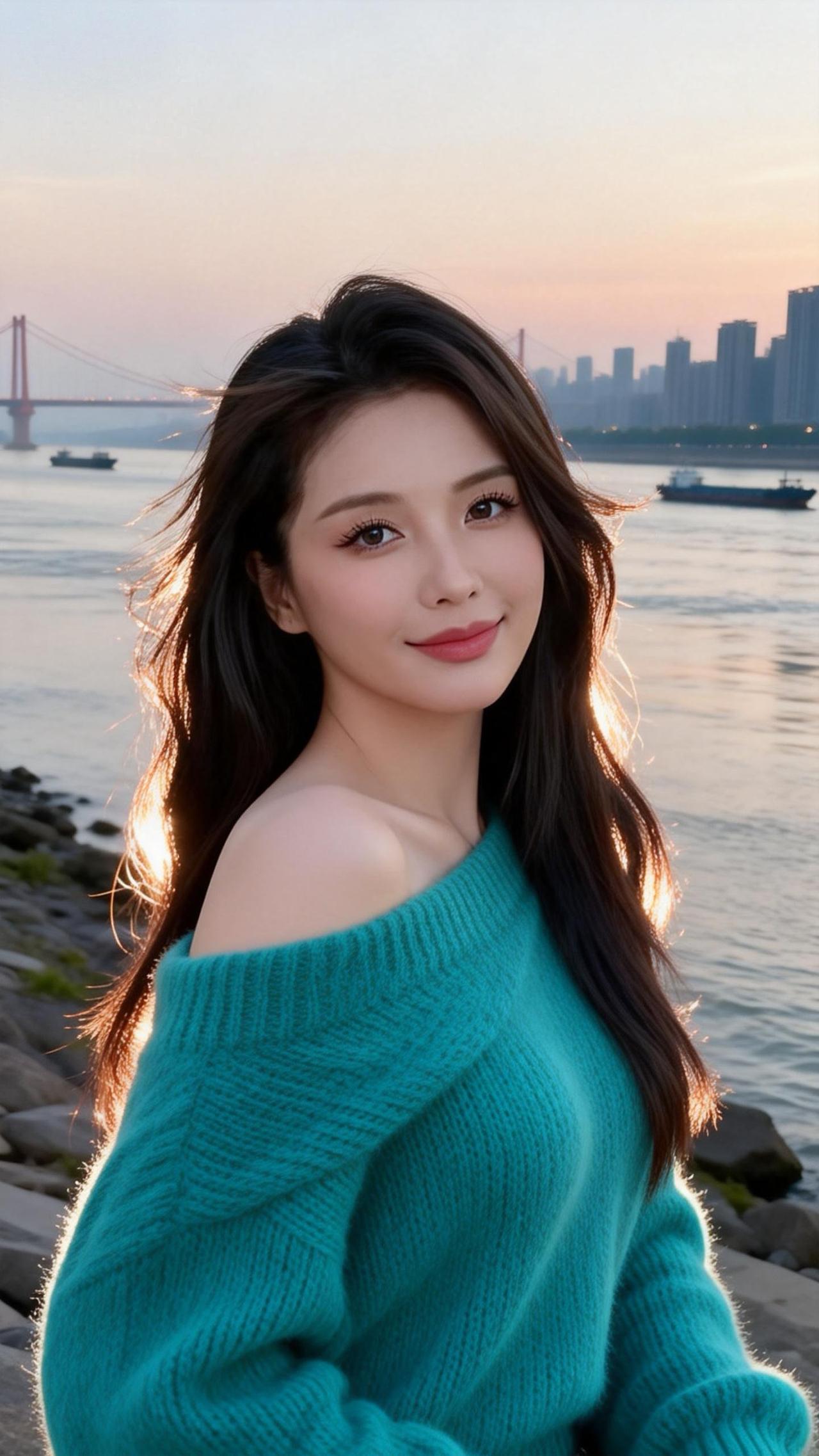 黄昏时分的长江边，风光甚好