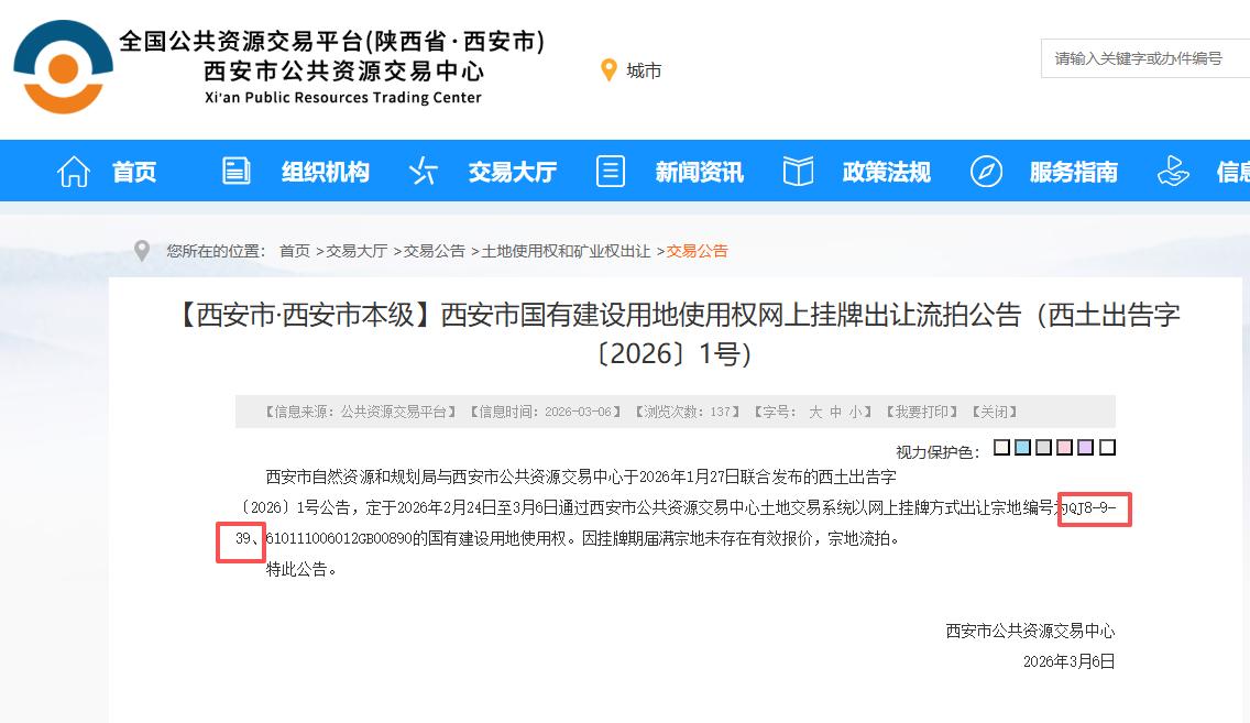 突然！西安1宗优质住宅用地意外流拍，位置优越，紧邻多个公园....日前，西安