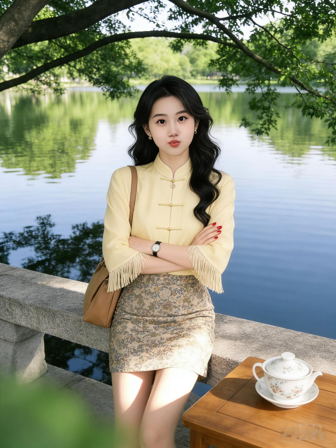 在湖畔享受宁静时光，复古旗袍与自然美景相得益彰。