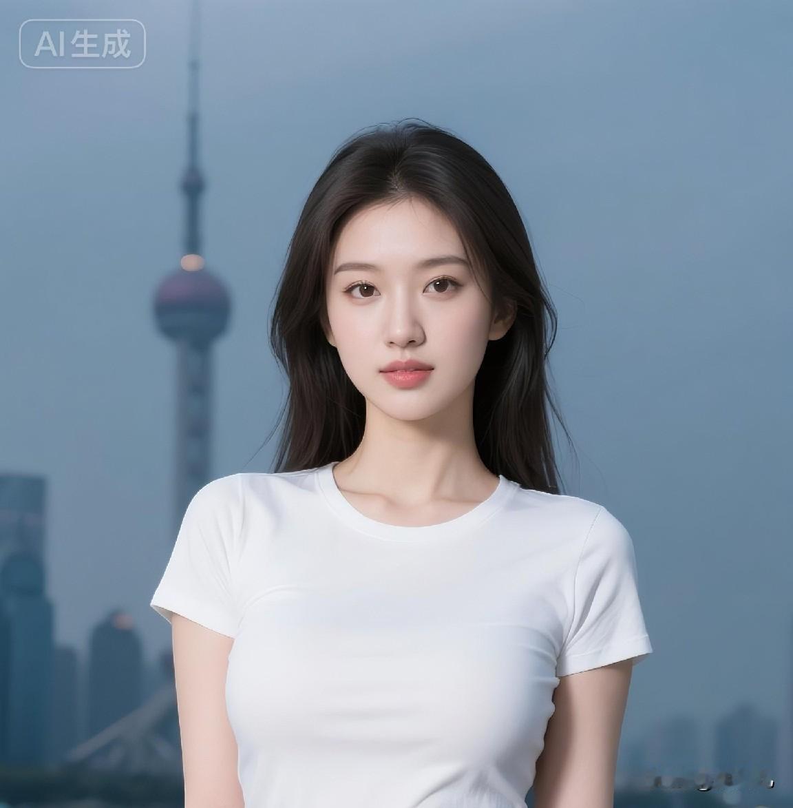 眸含秋水，眉若远山。晚风掠过外滩，她一身白T牛仔，在东方明珠的暮色里，把