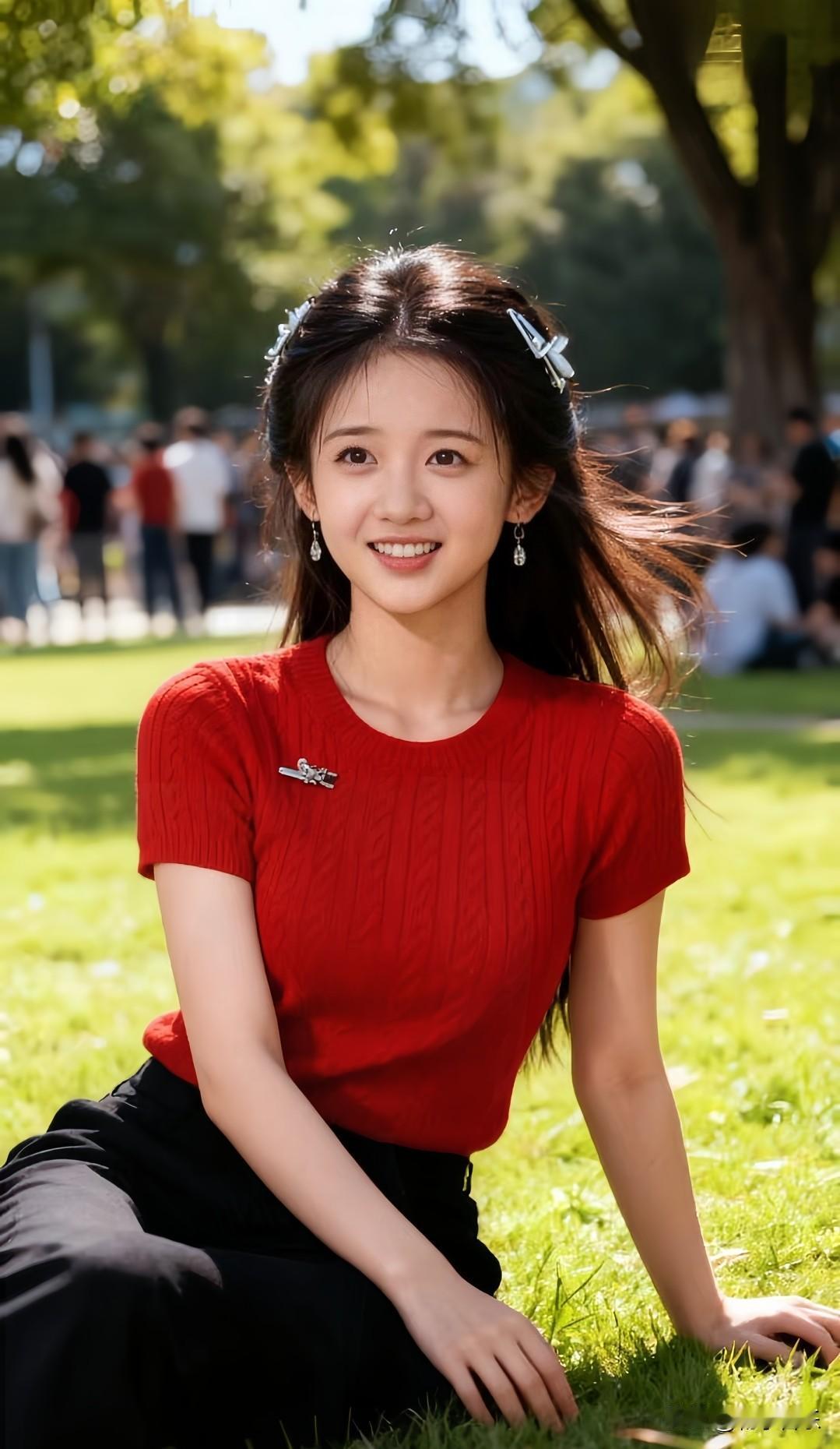 暖阳漫过草地，红衣少女闲坐，笑意漫不经心，却甜得晃眼。记录生活，随手拍张照分