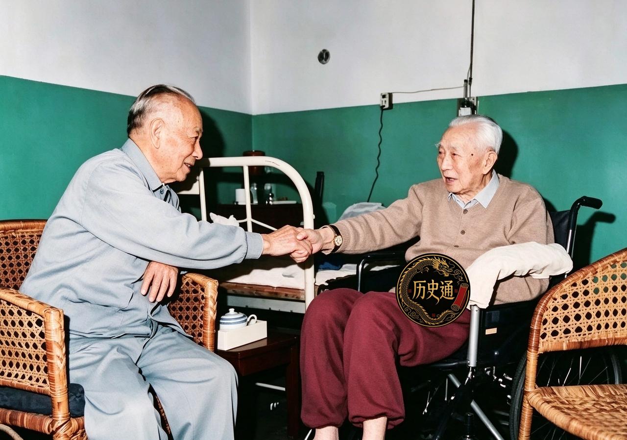 这张照片拍于一九九零年的南昌。陈丕显坐在藤椅上，方志纯因病只能坐在轮椅上，两个白
